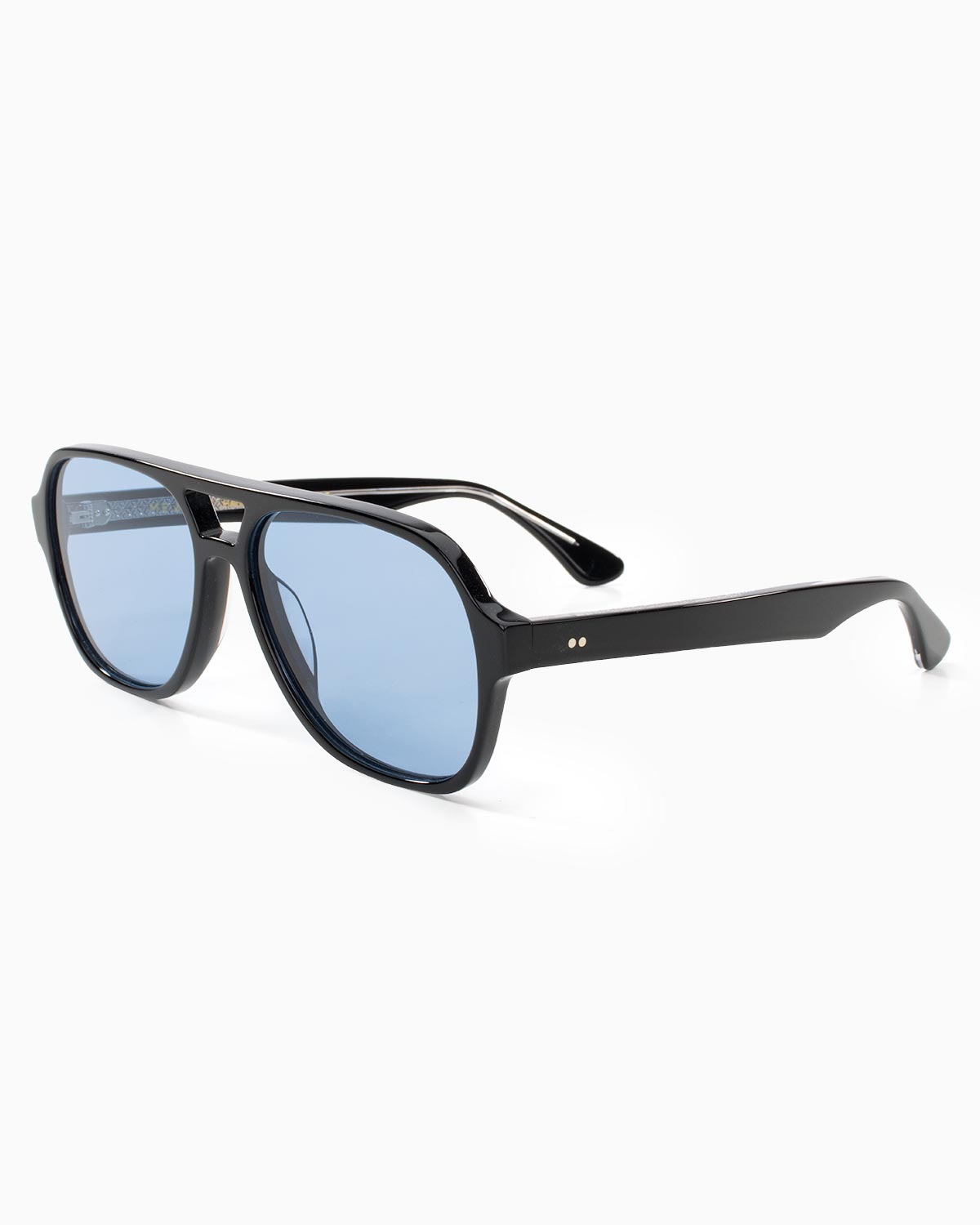 ME & JOE Atlas Black sunglasses with blue lenses – front three-quarter view