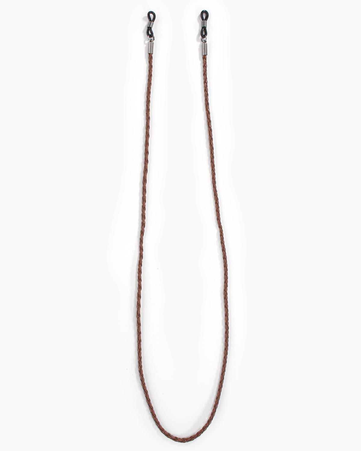 Full-length brown braided eyewear chain on a white background