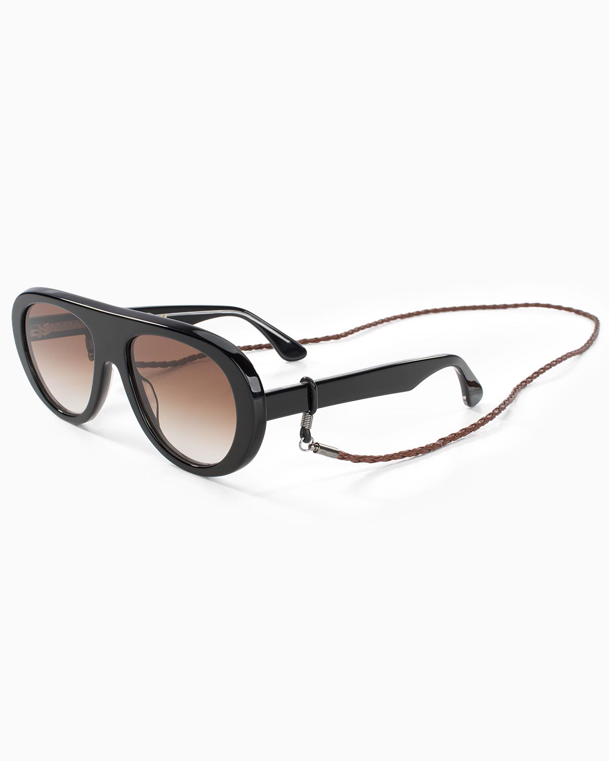 Brown braided eyewear chain attached to black sunglasses