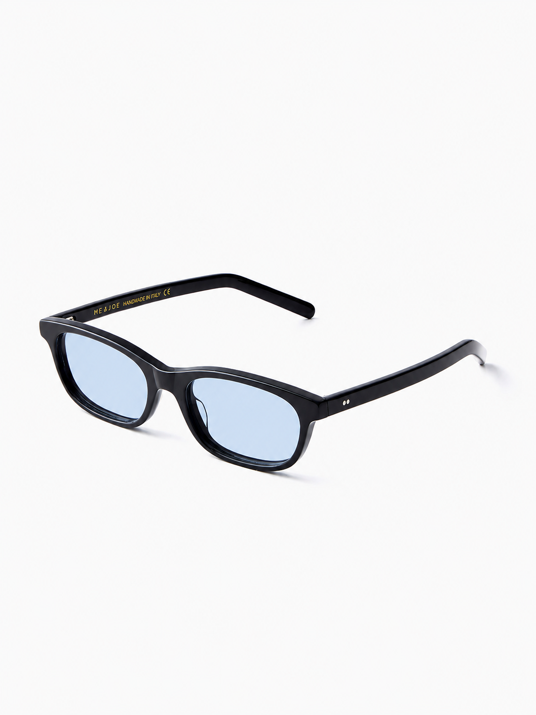 ME & JOE black sunglasses with light blue lenses - front three-quarter view