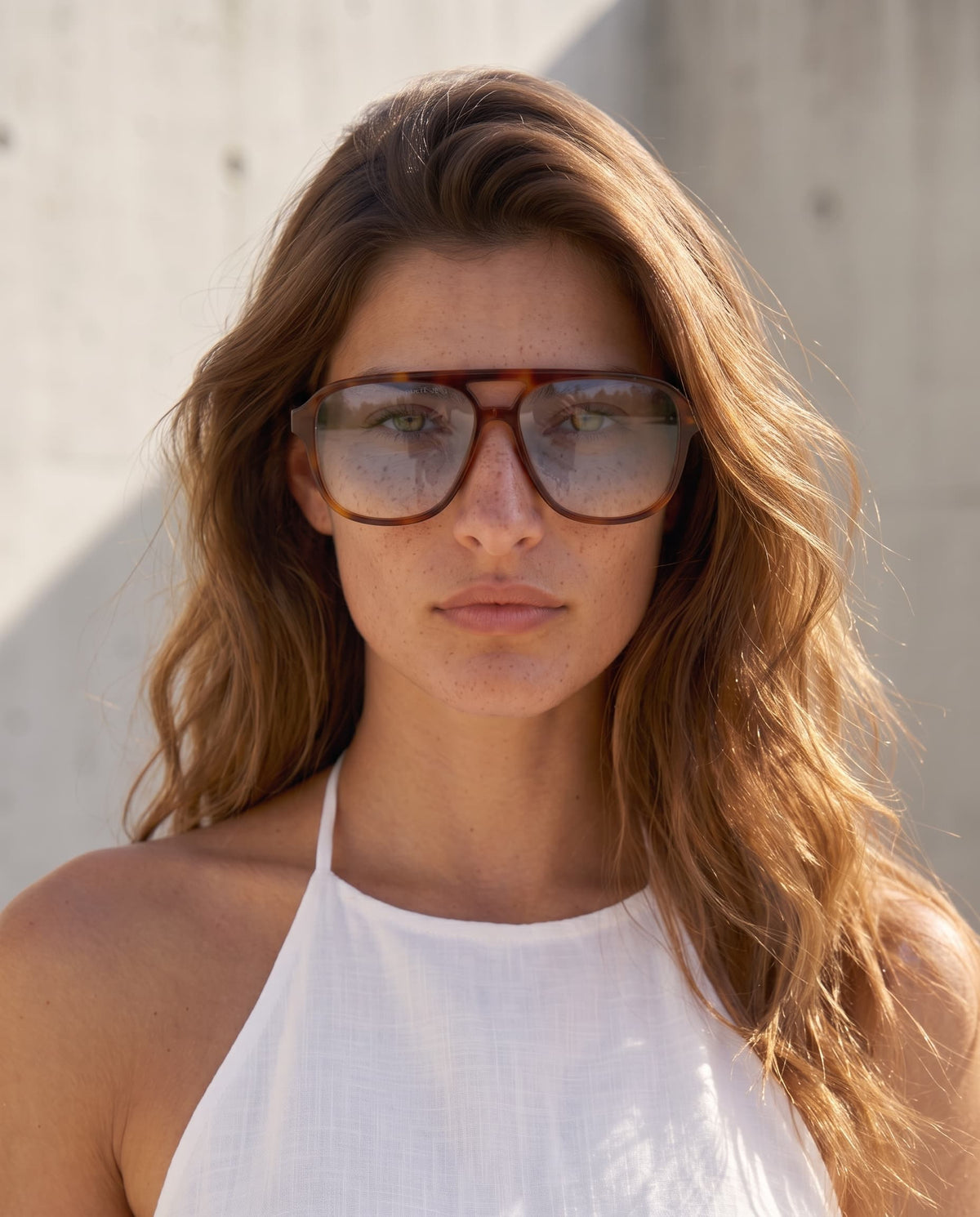 Hector Tortoise sunglasses with blue lenses by ME & JOE worn on female