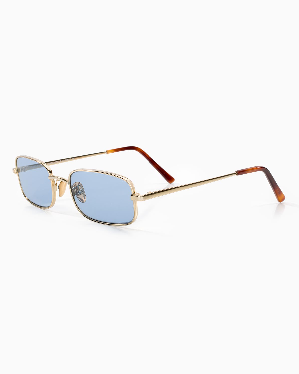 ME & JOE Luca gold sunglasses with light blue lenses – front three-quarter view