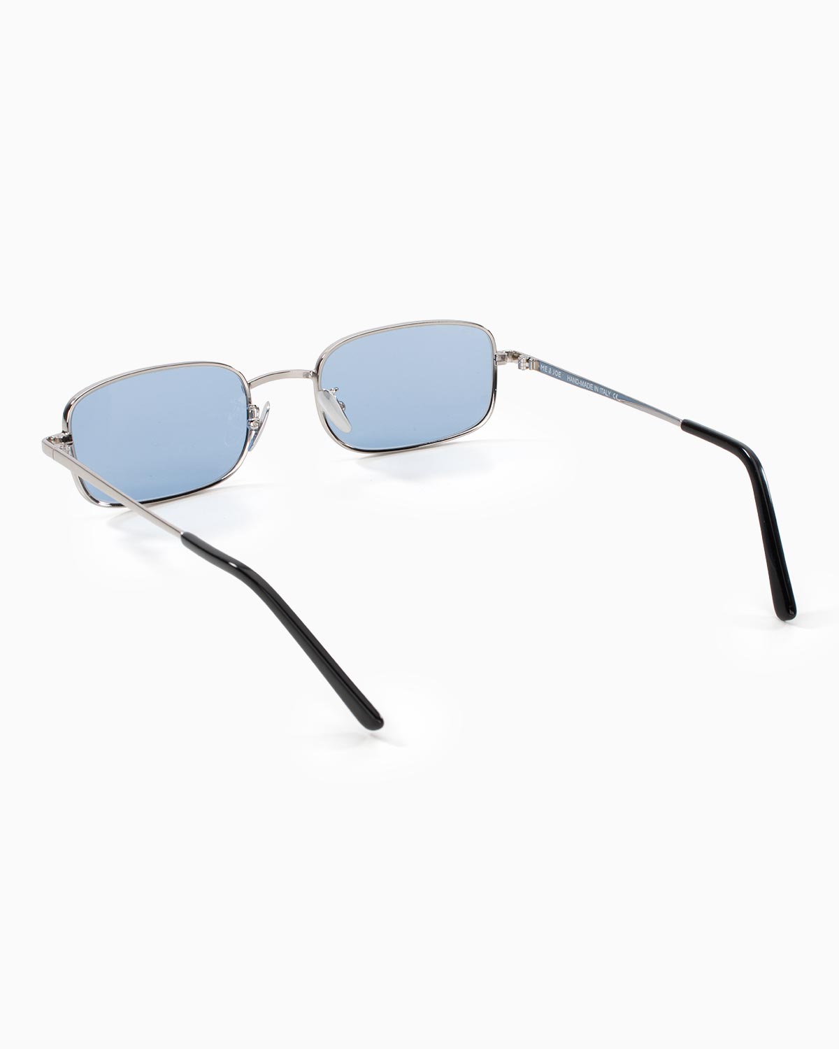 ME & JOE Luca silver sunglasses with blue lenses – rear three-quarter view