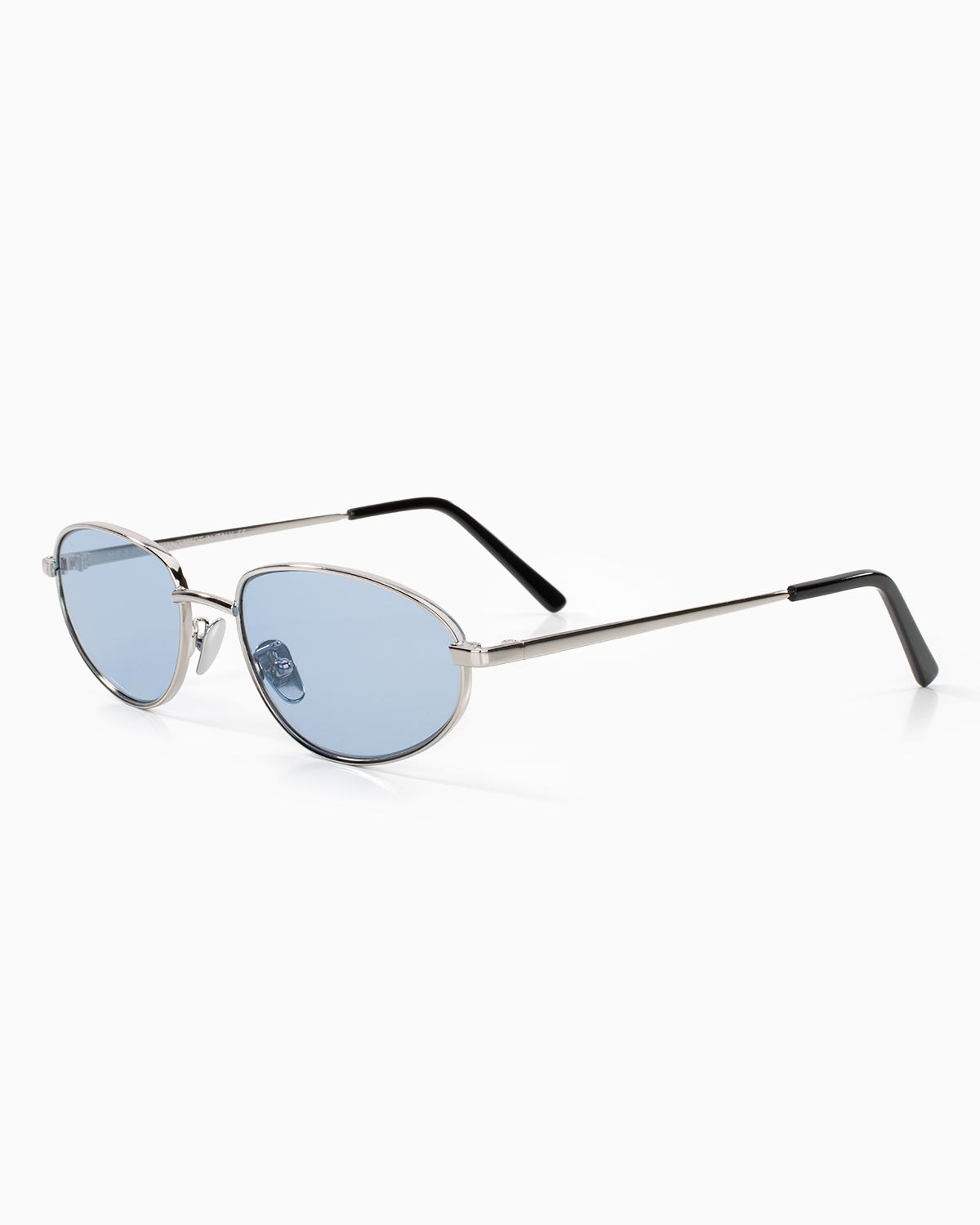ME & JOE Noma silver sunglasses with blue lenses – front three-quarter view