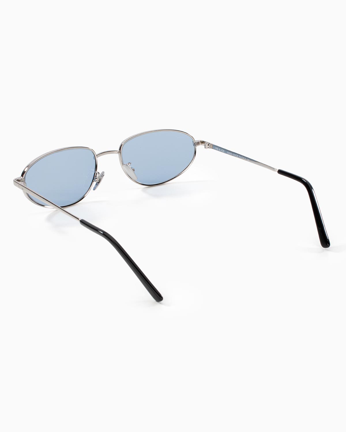 ME & JOE Noma silver sunglasses with blue lenses – rear three-quarter view