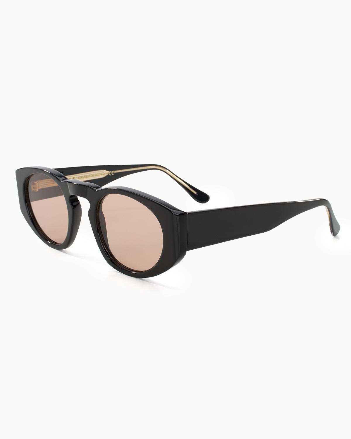 ME & JOE Onassis black sunglasses with light brown lenses - front three-quarter view