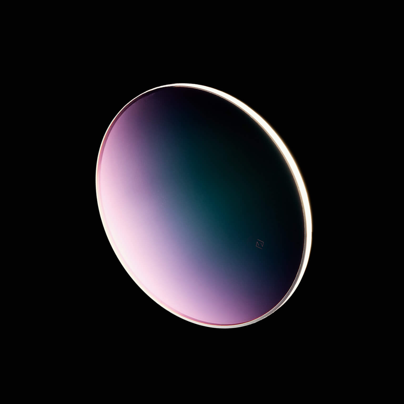 Close-up of a premium ME & JOE optical lens with gradient reflection on a black background