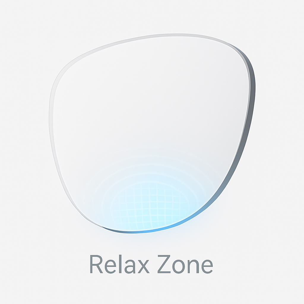 Illustration of a ME & JOE lens with a subtle blue digital zone at the bottom, representing visual comfort for prolonged screen use.