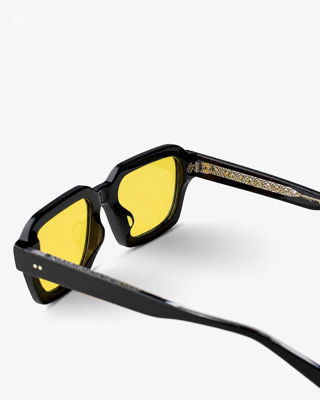 ME & JOE America black sunglasses with yellow lenses – rear three-quarter view