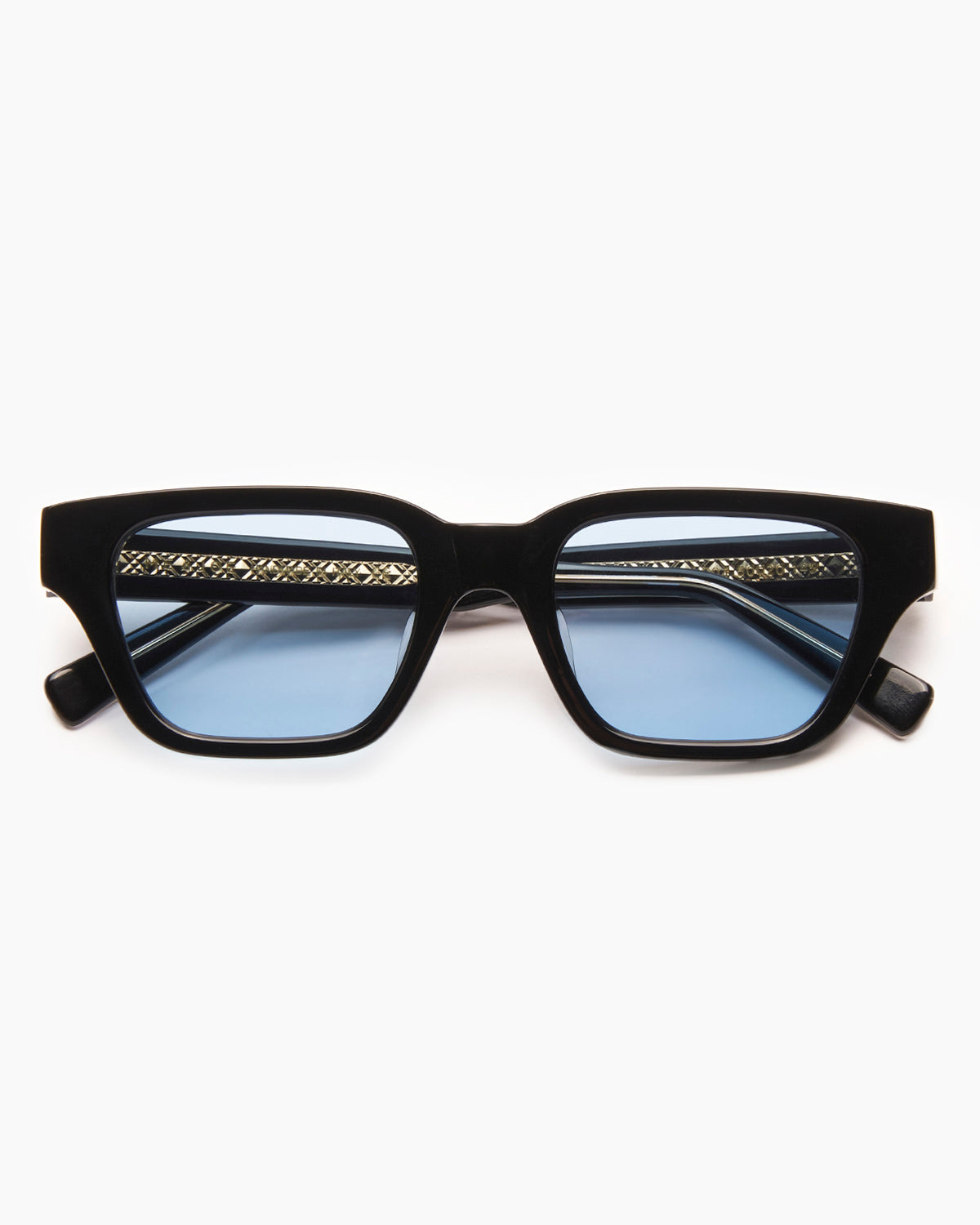 SUNGLASSES-WOMEN-MEN-UNISEX-LEONE-BLACK-CUSTOM-BLUELENSES-FRONT |BLACK CUSTOM LENSES-BLUE JEAN