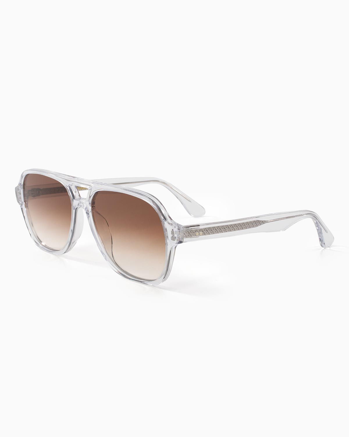 ME & JOE Atlas Clear sunglasses with brown gradient lenses – front three-quarter view