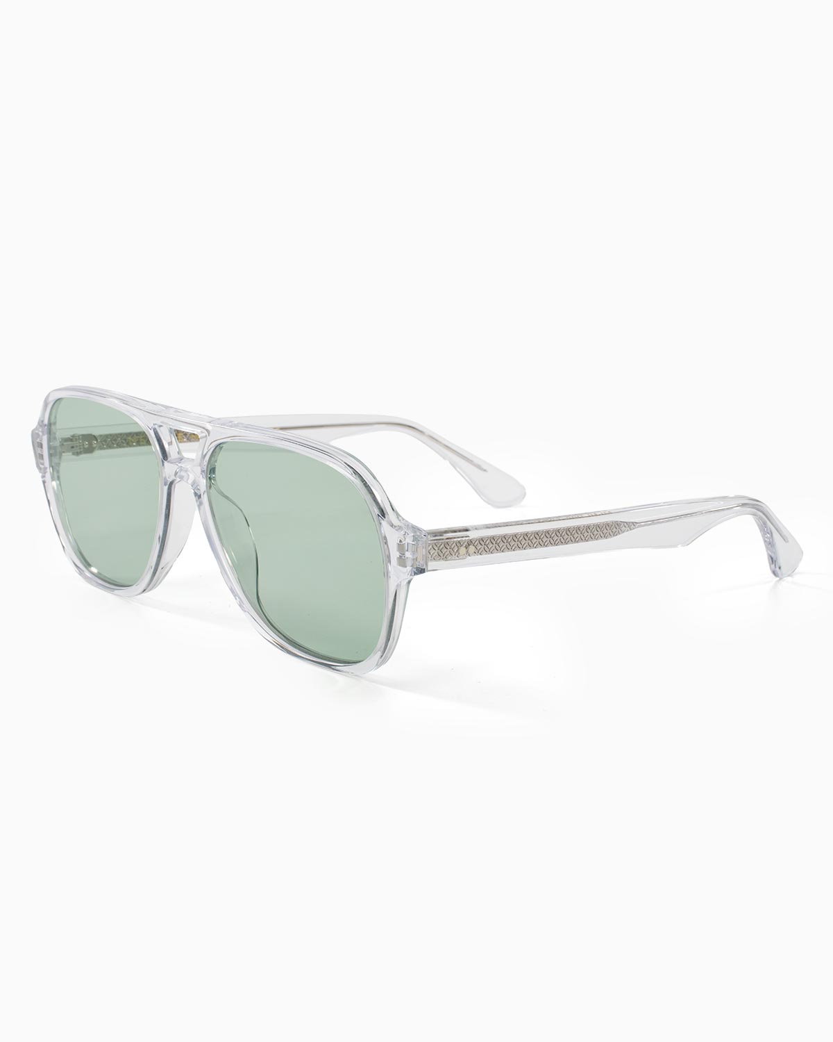 ME & JOE Atlas Clear sunglasses with light green lenses – front three-quarter view