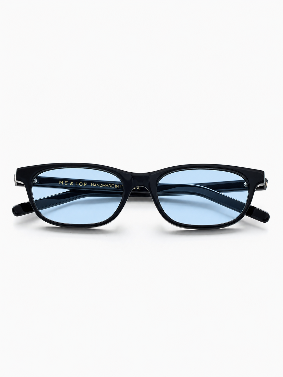 ME & JOE black sunglasses with light blue lenses - front view