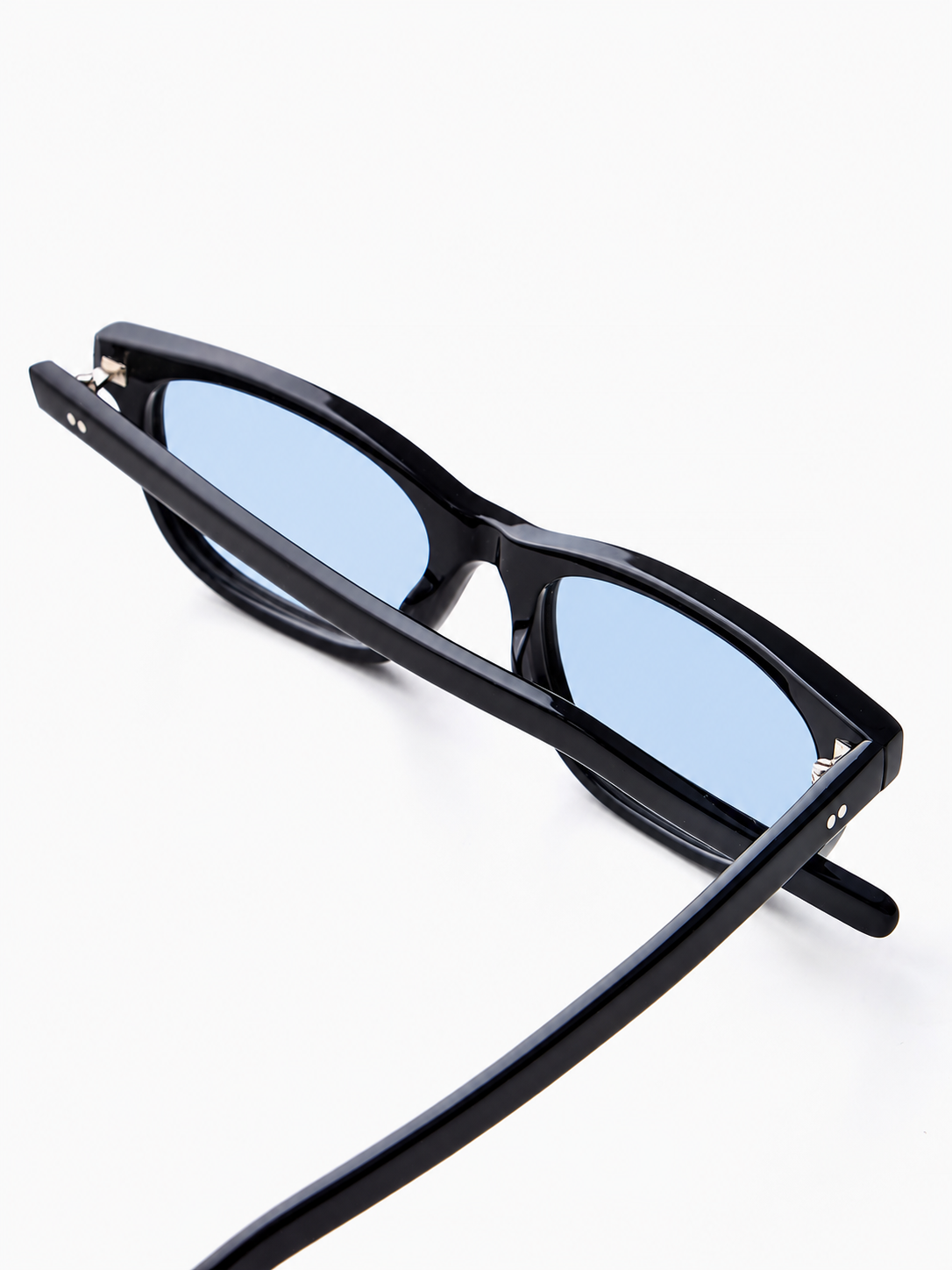 ME & JOE black sunglasses with light blue lenses - rear three-quarter view