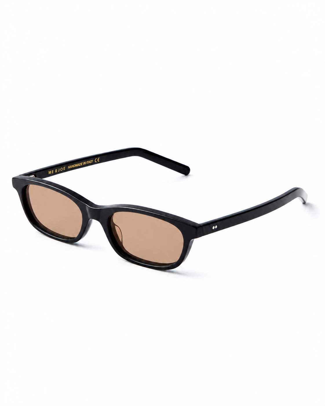 ME & JOE black sunglasses with light brown lenses - front three-quarter view