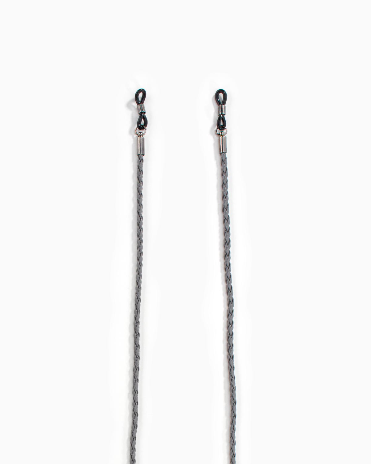 Grey braided eyewear chain with adjustable eyewear loops and metal fittings