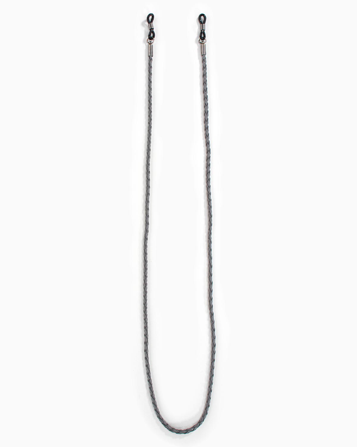 Full-length grey braided eyewear chain on a white background