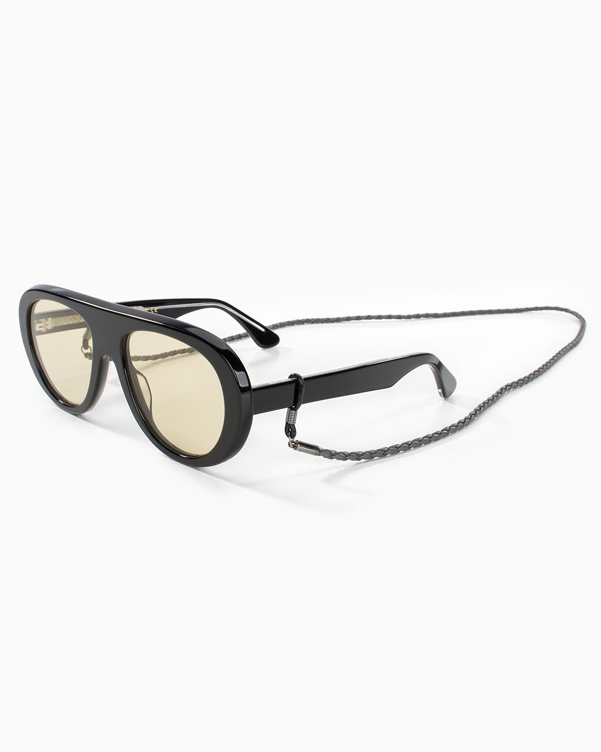 Grey braided eyewear chain attached to black sunglasses