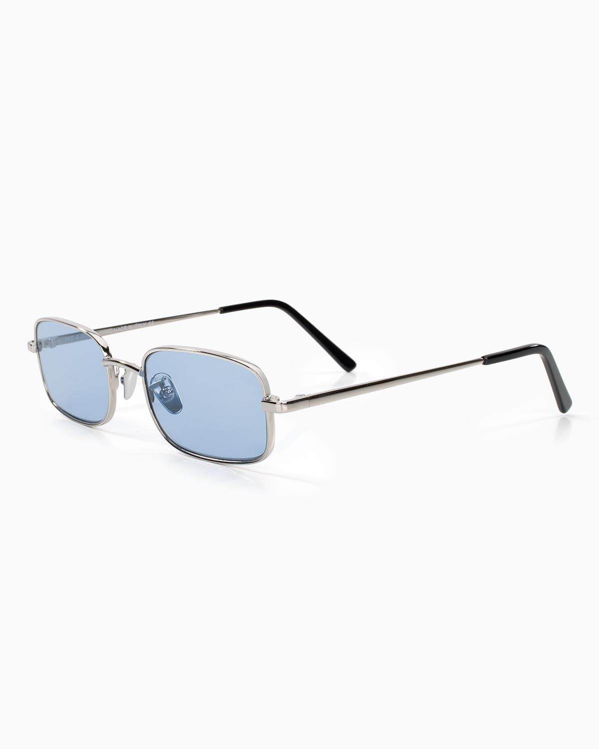 ME & JOE Luca silver sunglasses with blue lenses – front three-quarter view