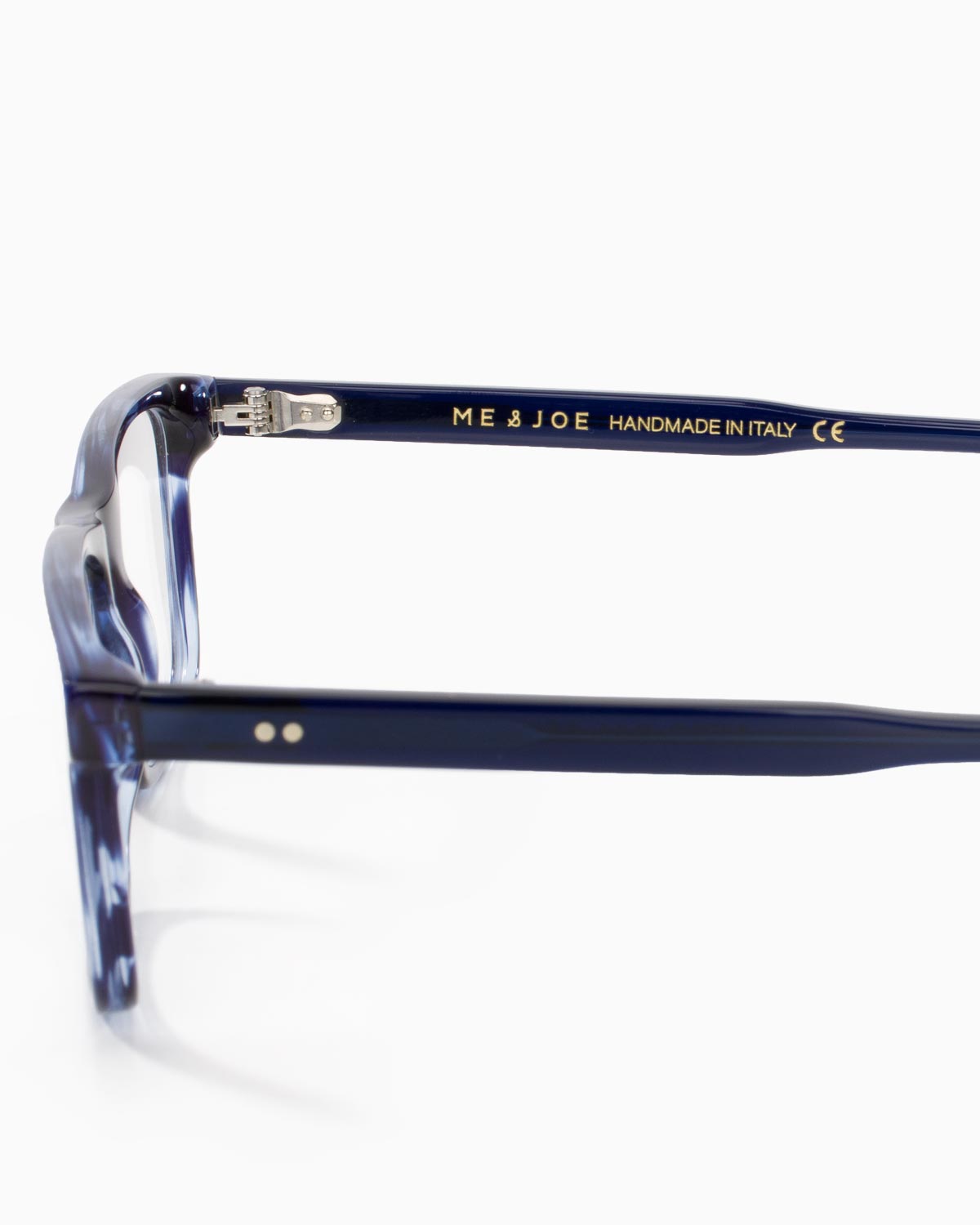 ME & JOE Nero crystal blue optical glasses -temple and logo detail