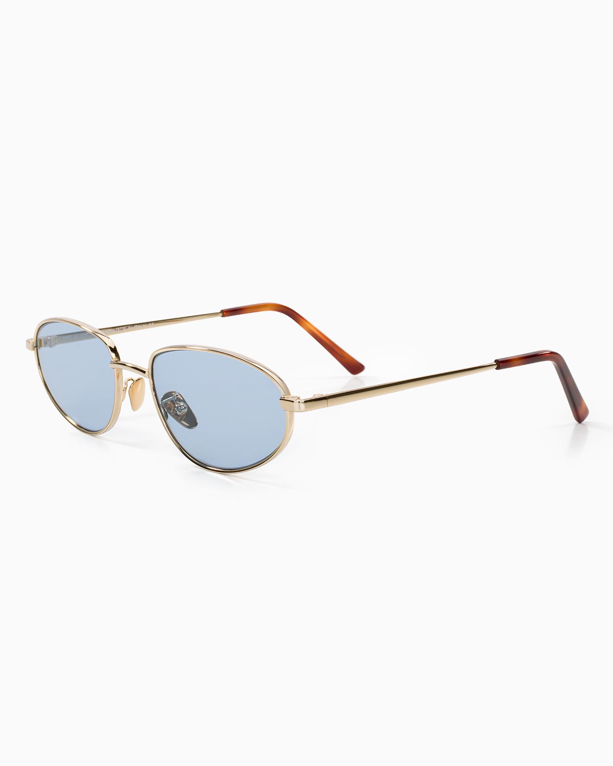 ME & JOE Noma gold sunglasses with blue lenses – front three-quarter view