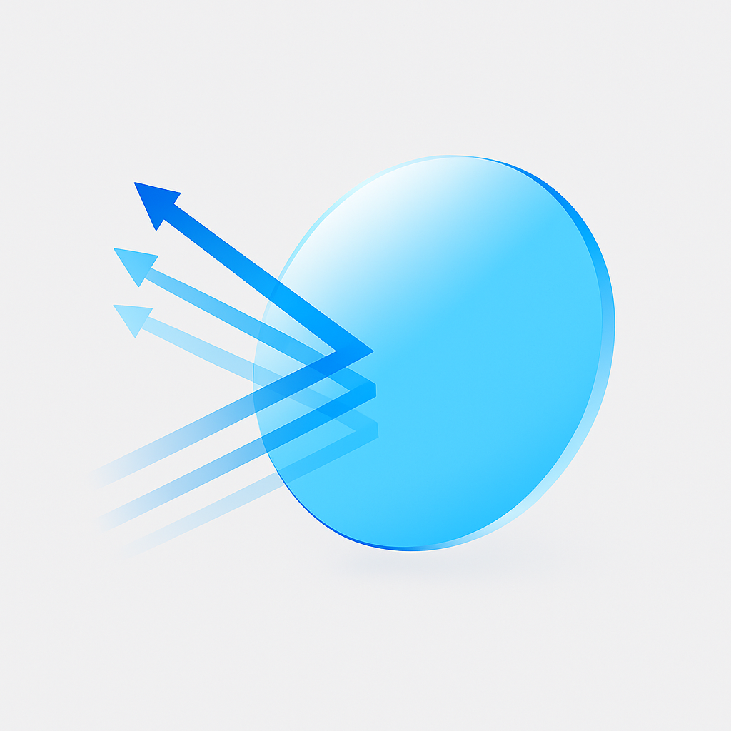 Illustration of a ME & JOE lens filtering blue light rays, representing digital eye protection technology.
