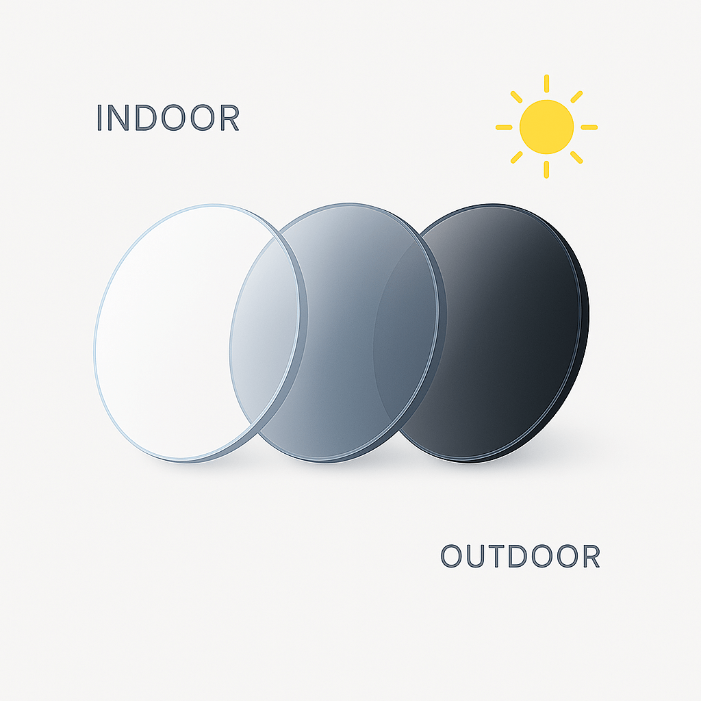Illustration of a ME & JOE photochromic lens transitioning from clear to dark under sunlight, symbolizing adaptive light protection.